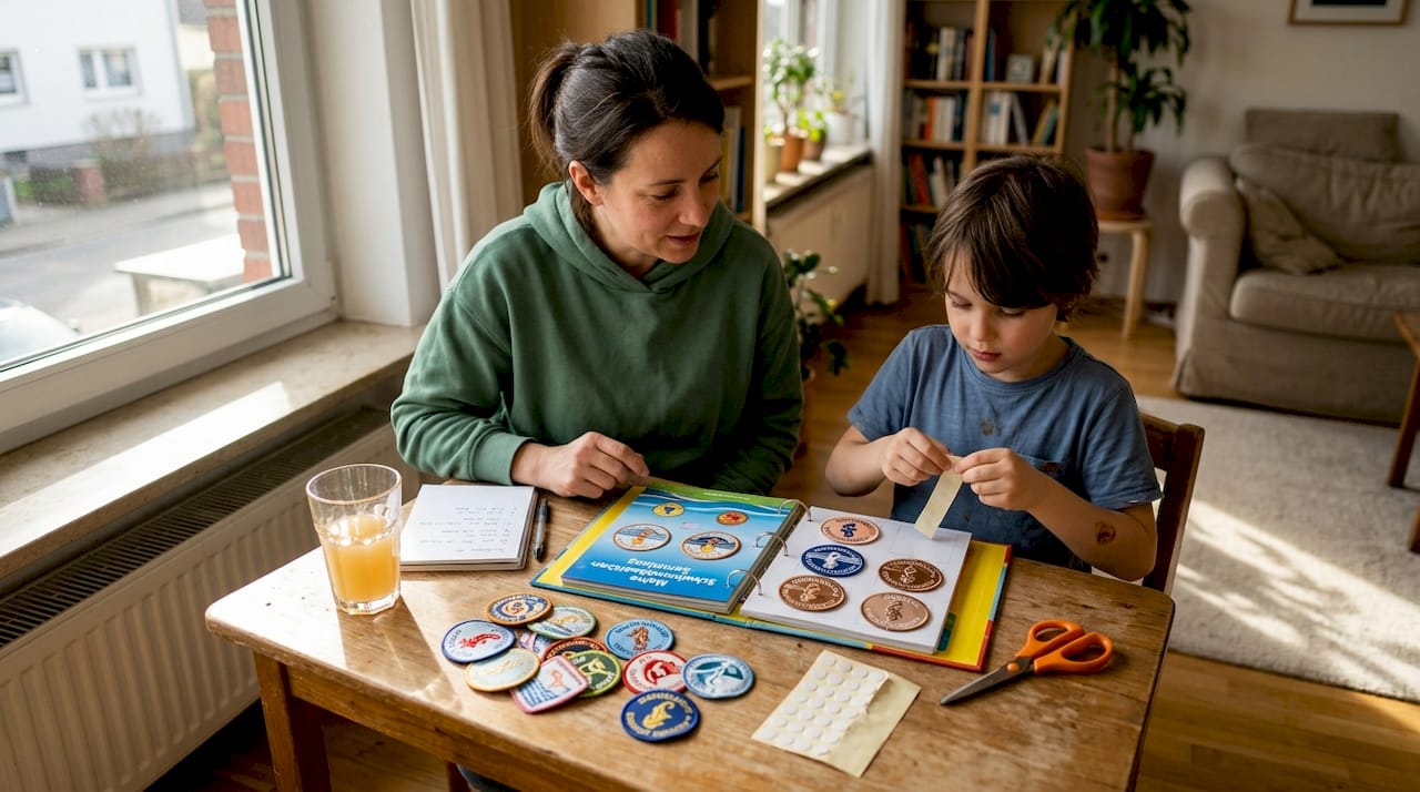 Eine Familie sortiert Schwimmabzeichen in ihrem Sammelalbum ein.