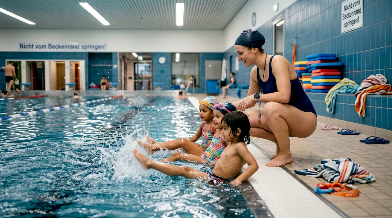 Eine Schwimmlehrerin bringt Kindern im Schwimmunterricht spielerisch das Schwimmen bei und begleitet sie sicher durchs Wasser.