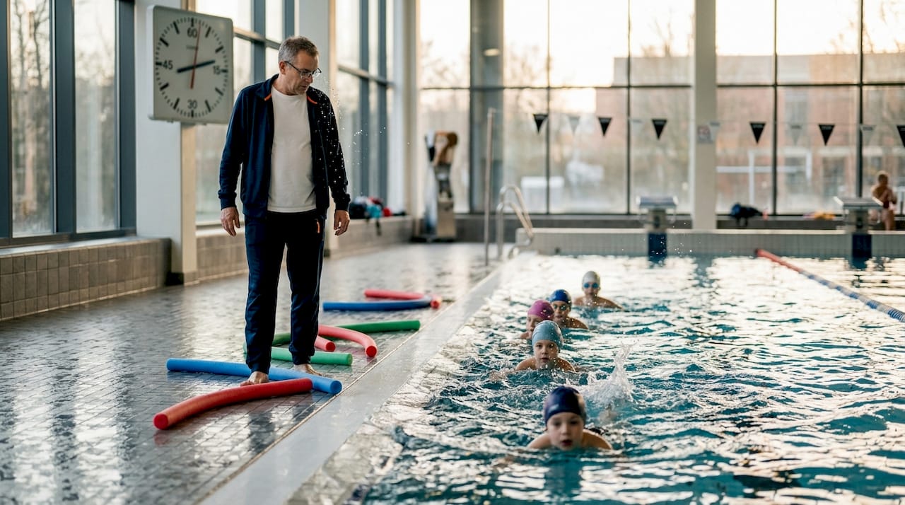 Ein Schwimmlehrer passt im Hallenbad aufmerksam auf die Kinder auf, während sie schwimmen.