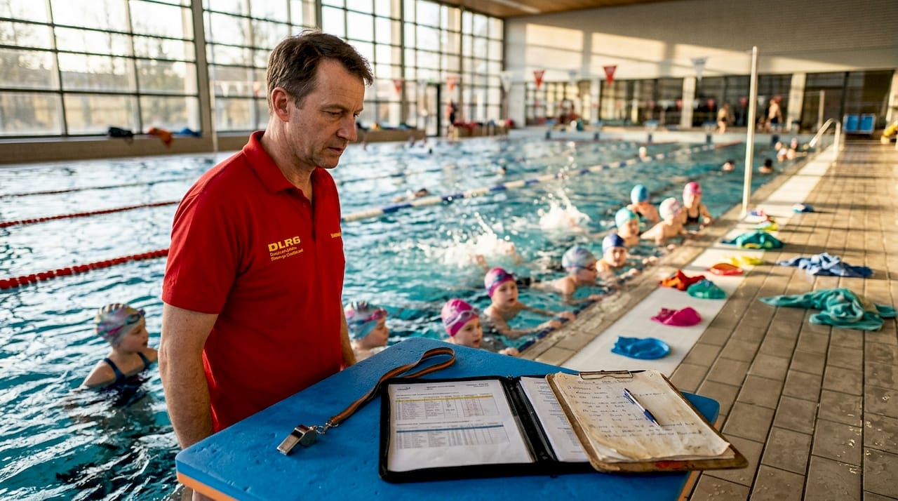 Ein ausgebildeter Schwimmtrainer der DLRG passt im Hallenbad aufmerksam auf die Kinder auf.