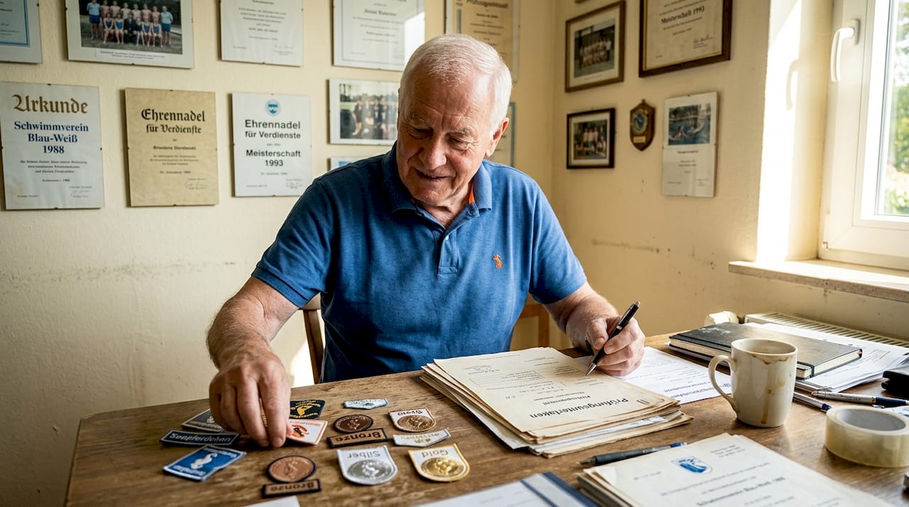 Der Schwimmtrainer legt die Bronze- und Goldabzeichen ordentlich bereit.