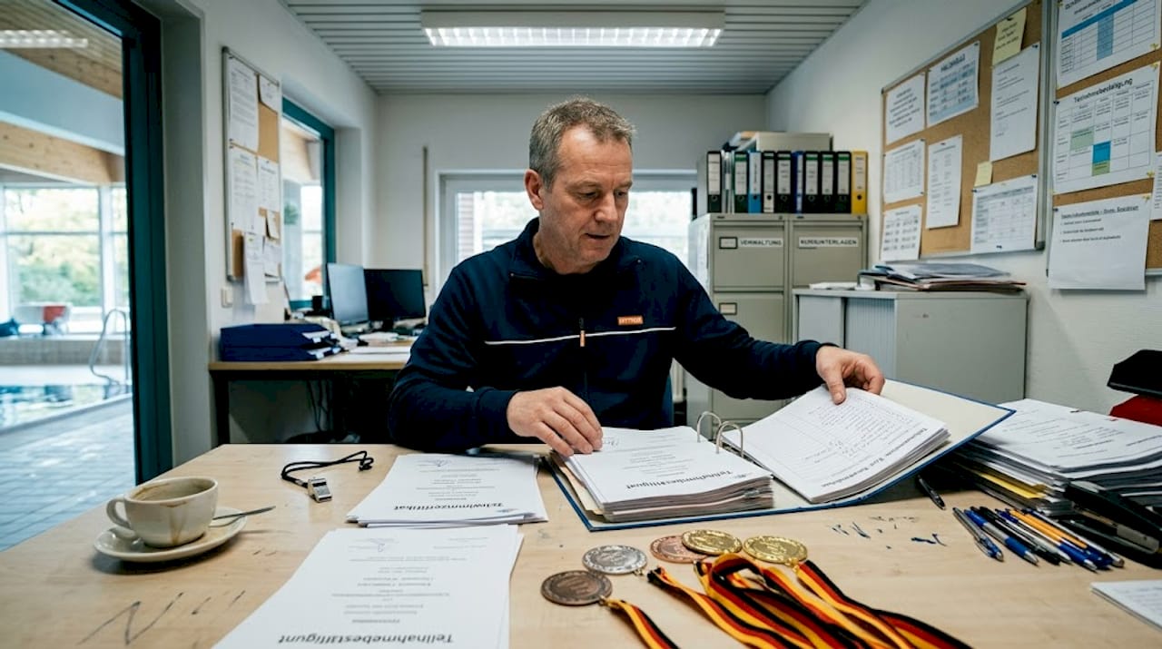 Die Schwimmlehrerin sortiert Abzeichen und Unterlagen im Büro des Schwimmbads.