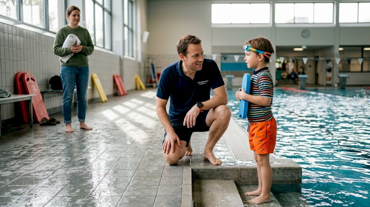 Ein Schwimmlehrer zeigt einem kleinen Kind im Wasser geduldig die richtigen Bewegungen.