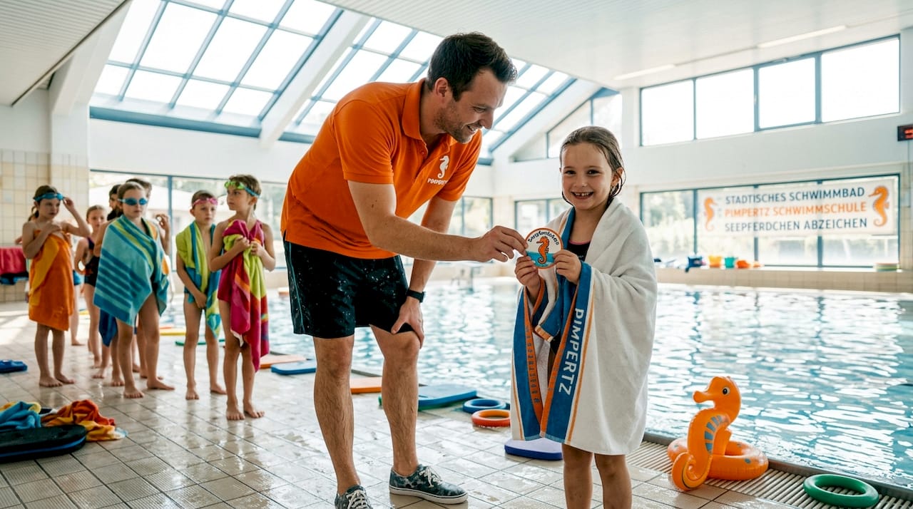 Stolz überreicht die Schwimmlehrerin dem Kind das Seepferdchen-Abzeichen.
