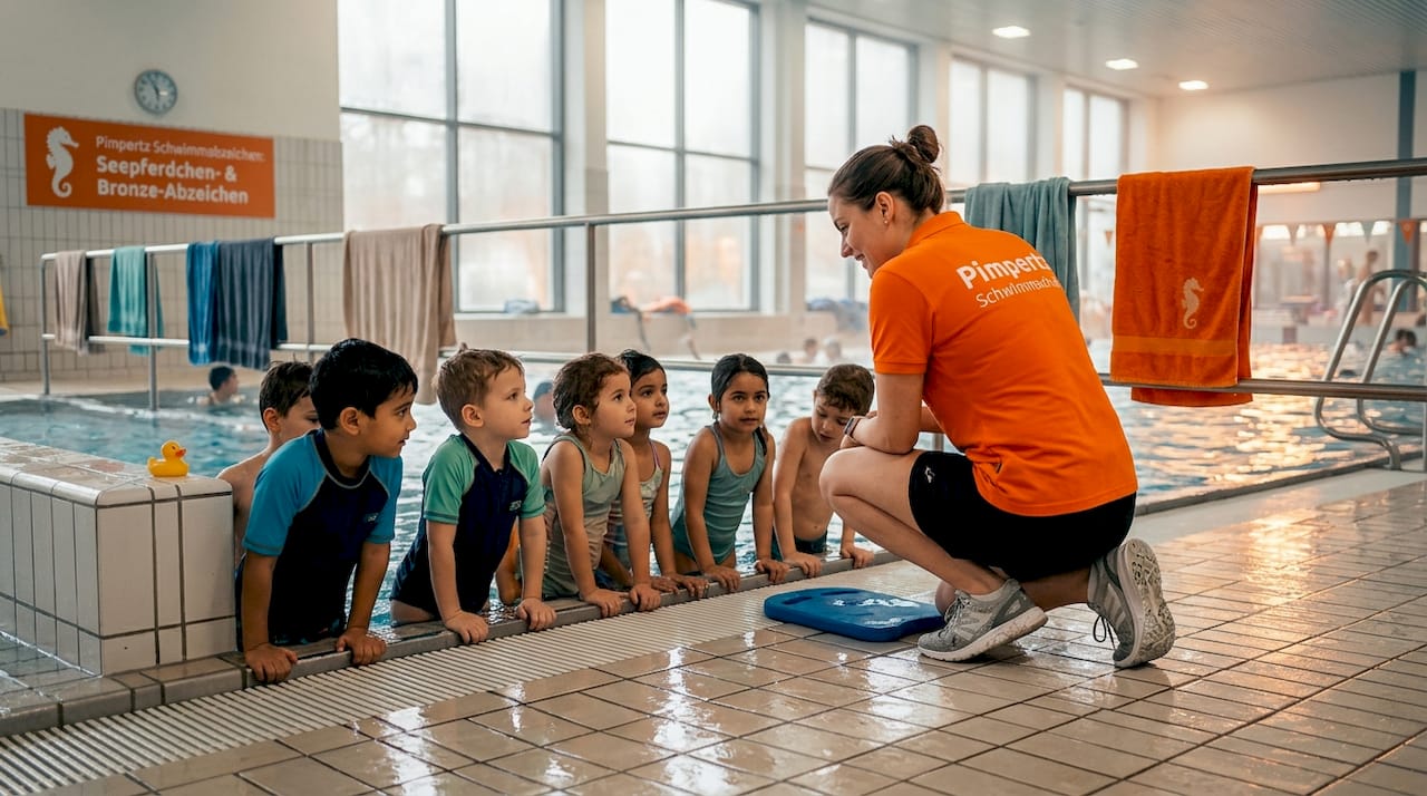 Ein Schwimmlehrer zeigt Kindern am Beckenrand spielerisch die ersten Schwimmübungen und gibt ihnen dabei hilfreiche Tipps.