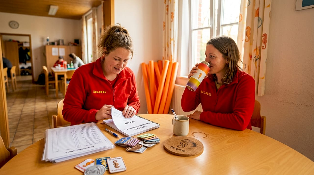 Ehrenamtliche der DLRG organisieren Schulungen in der Geschäftsstelle vor Ort.