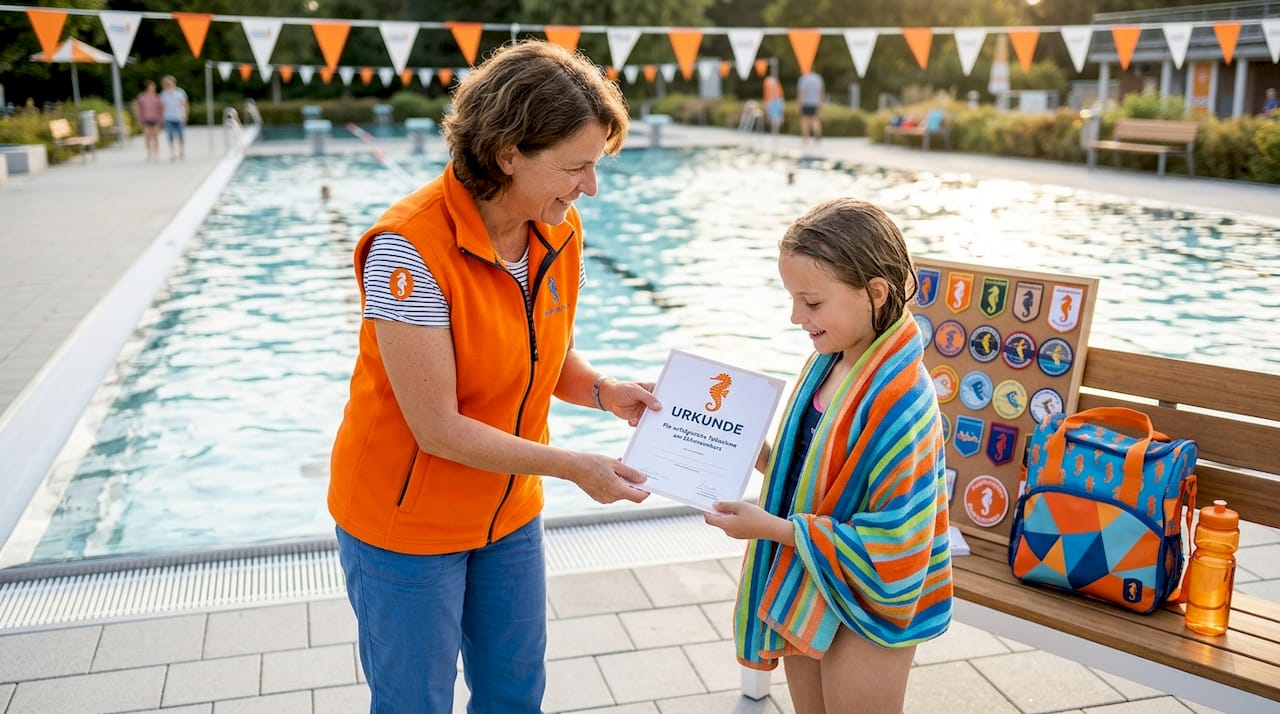 Am Beckenrand übergibt die Schwimmlehrerin persönlich die Urkunde an das Kind.