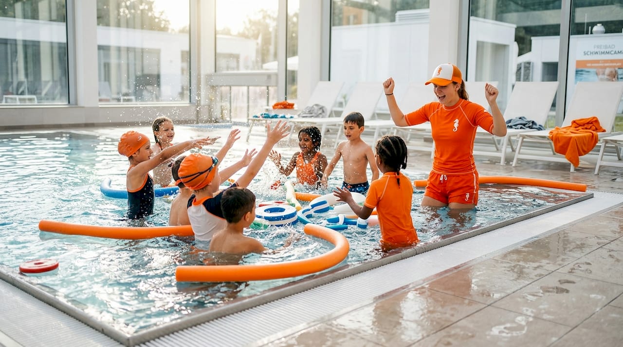 Kinder haben beim Schwimmcamp Spaß und nehmen an einem Koordinationsspiel im Wasser teil.