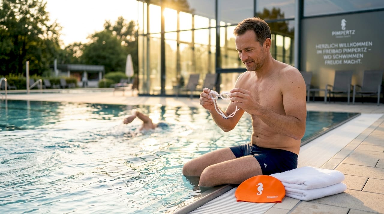 Am Beckenrand testet ein Schwimmer seine Zoggs-Schwimmbrille.