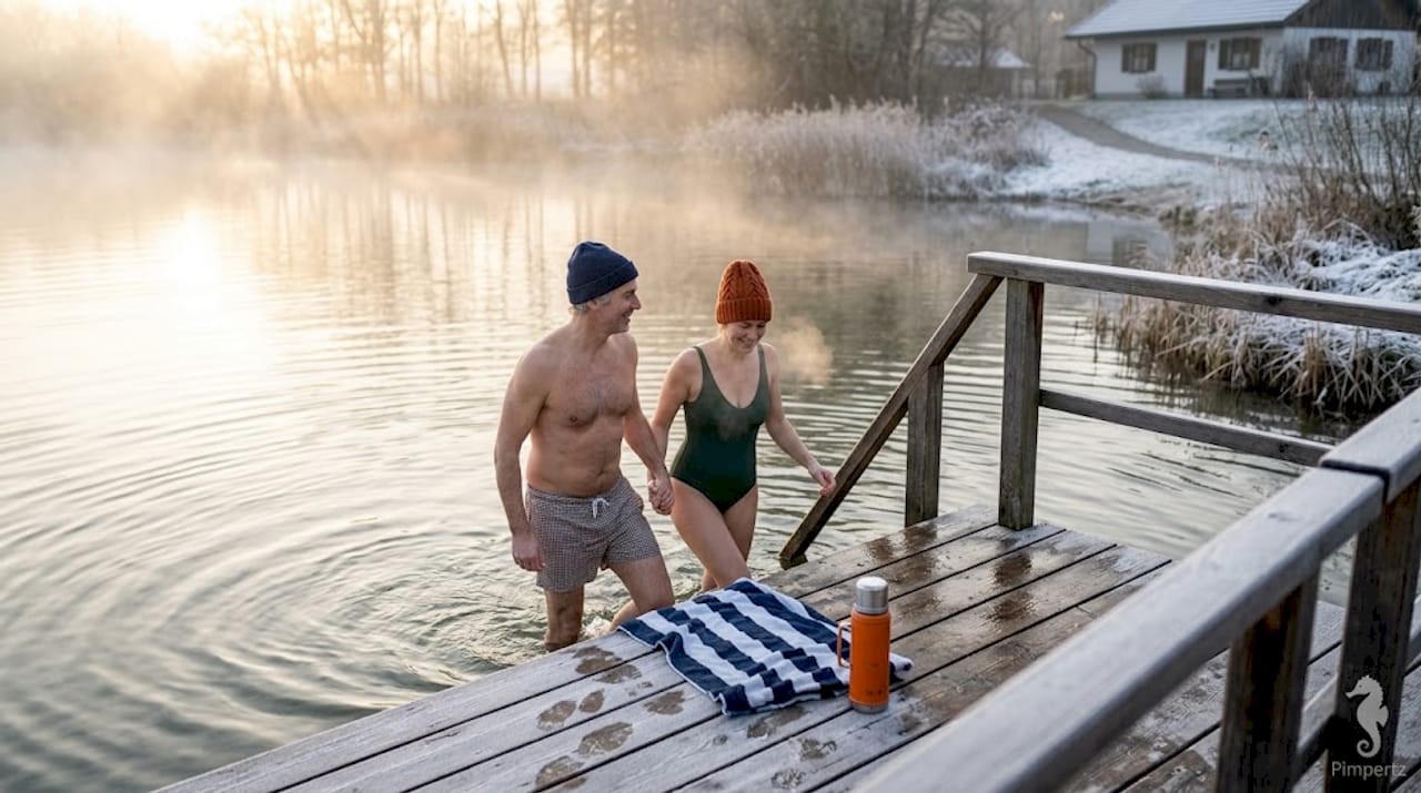 Two adults winter swimming in misty lake