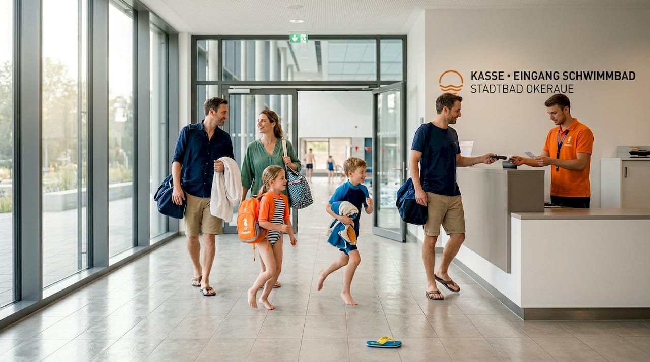 Eine Familie betritt das Stadtbad Okeraue, ausgestattet mit Handtüchern und Vorfreude auf einen entspannten Badetag.