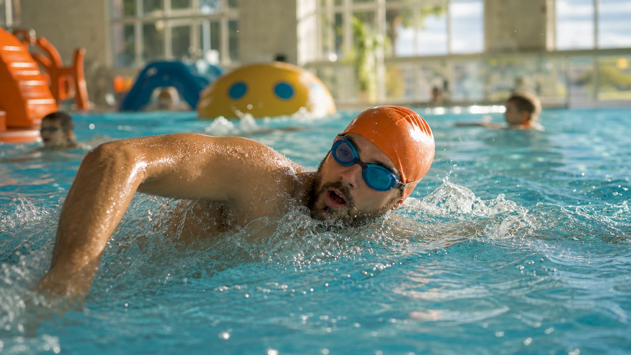Ein Mann zieht im Hallenbad seine Bahnen im Kraulstil.