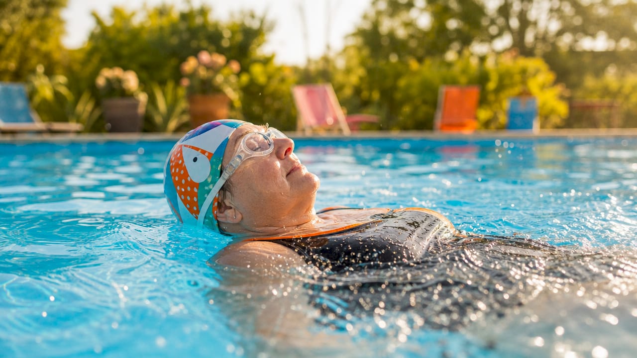 Eine Frau schwimmt im Hallenbad Rückenschwimmen.