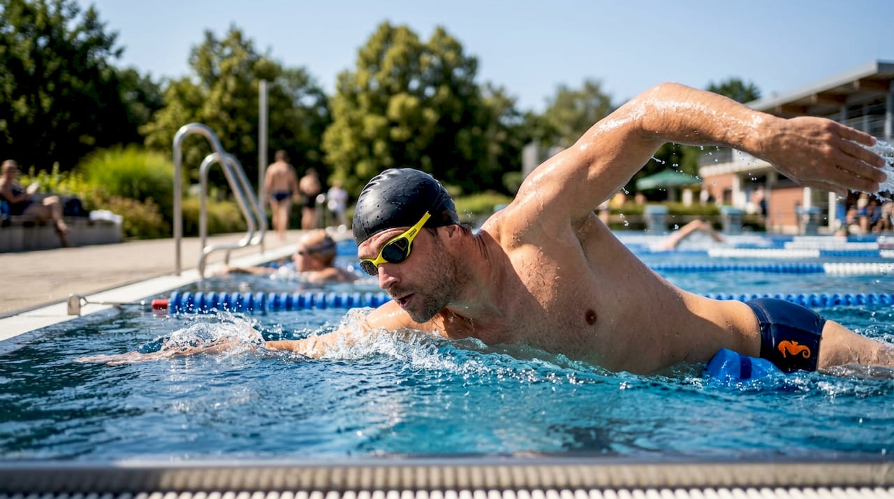 Ein Mann zieht im Schwimmbad mit einem Pullbuoy seine Bahnen.