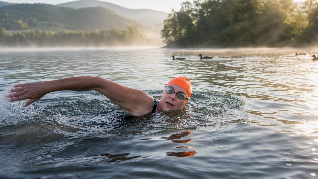 Jeden Tag zieht eine Frau im Schwimmbad ihre Bahnen.