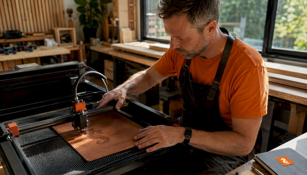 Ein Handwerker verziert in seiner Werkstatt ein Lederprodukt mit einer Prägung.