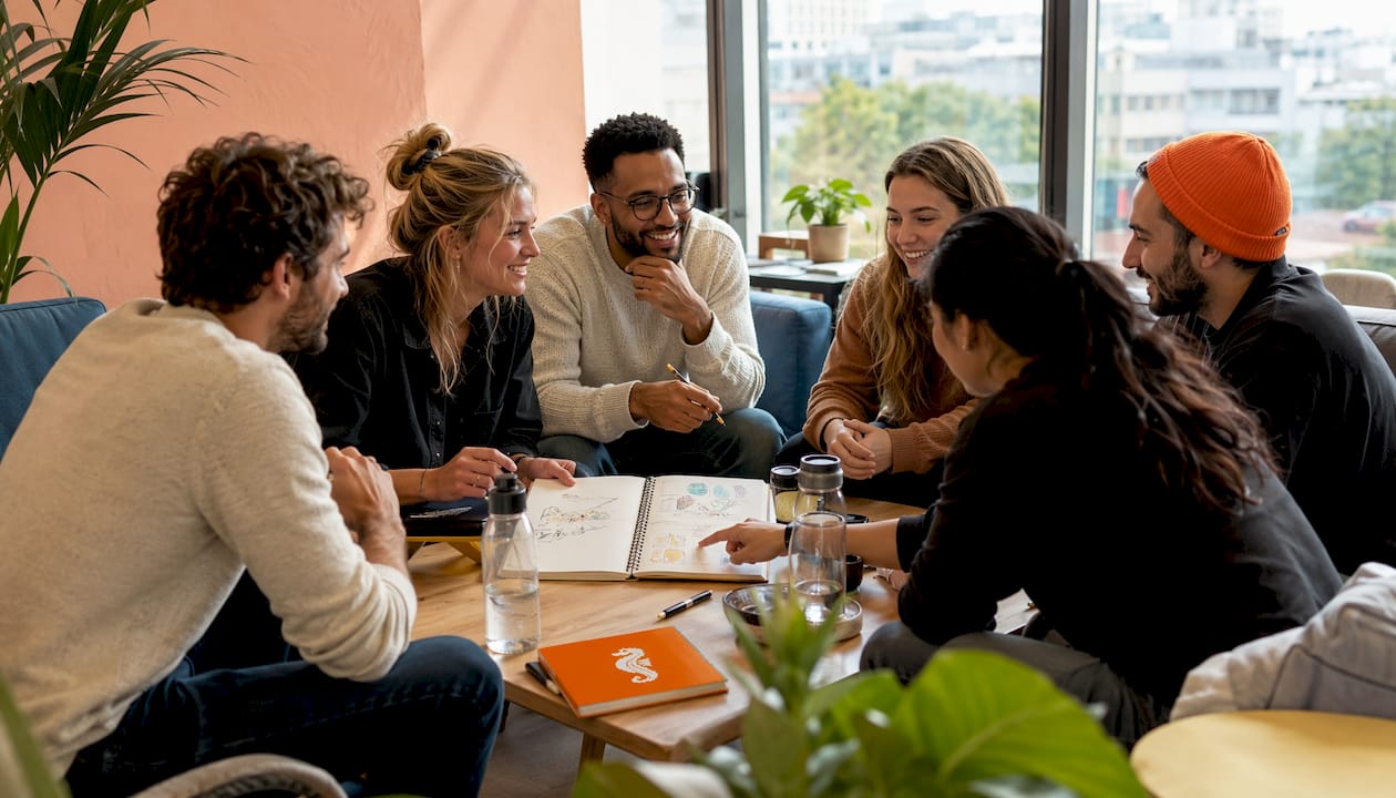 Das Team tauscht sich bei einer Besprechung im Büro aus und arbeitet gemeinsam an Lösungen.