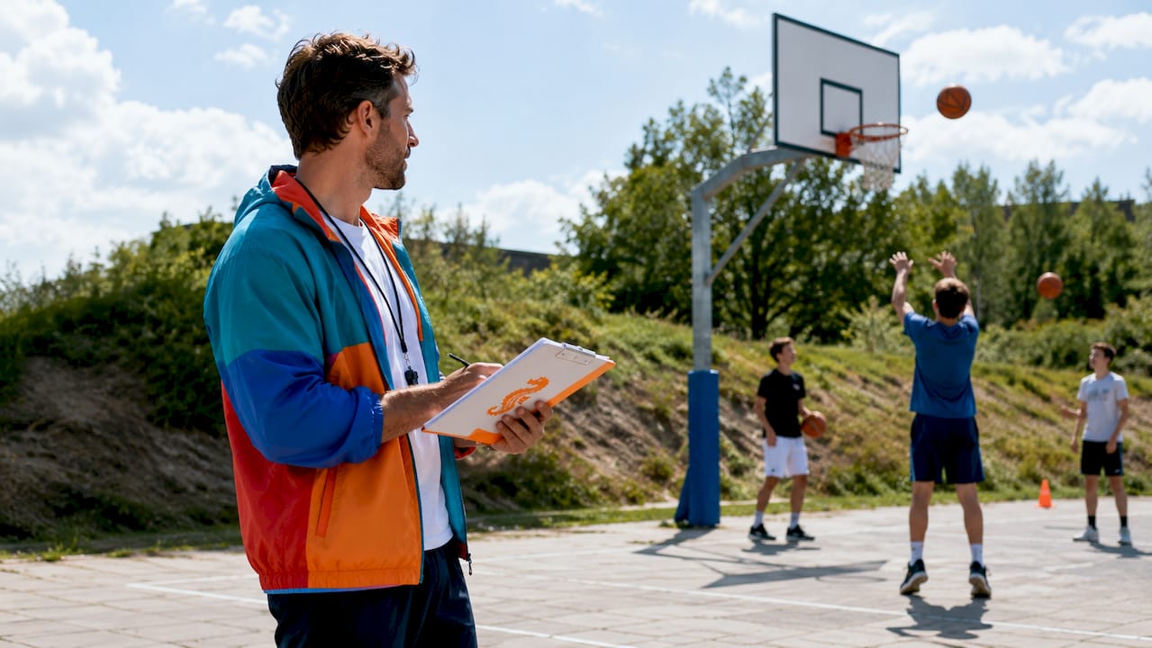 Basketballtrainer mit Klemmbrett steht vor dem Korb mit Glasbrett