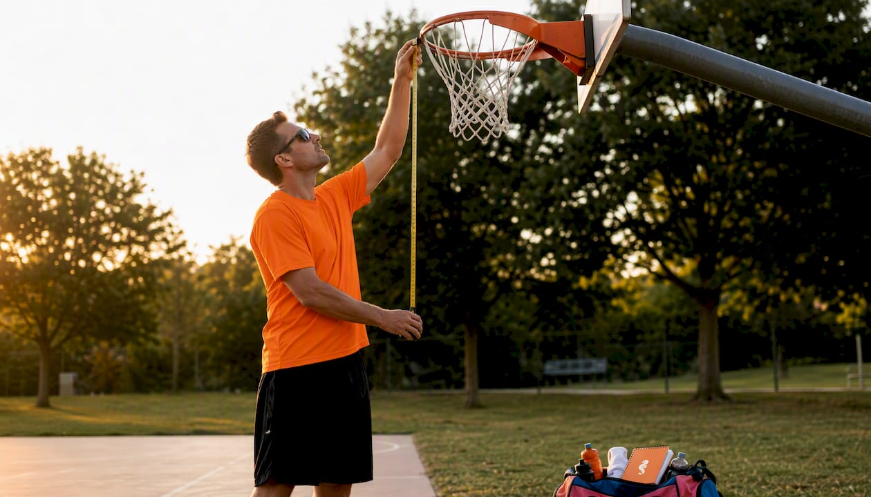 Ein Trainer überprüft im Freien die Höhe des Basketballkorbs.