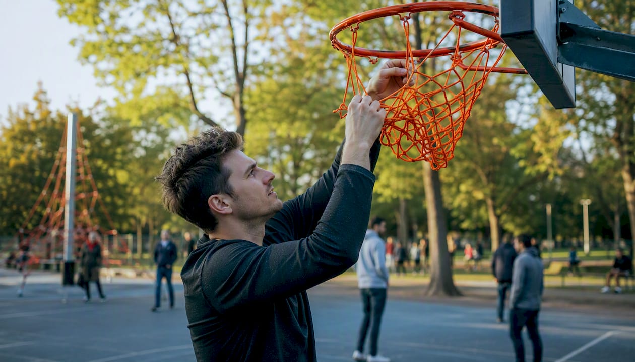 Draußen werden gerade von Händen das Basketballnetz am Korb befestigt.