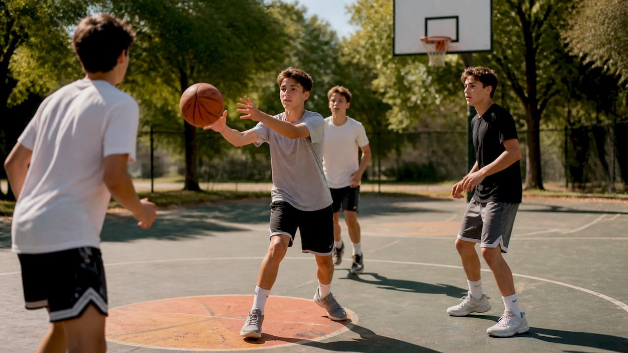 Mit der Hand nach dem passenden Basketball auf dem Freiplatz greifen.