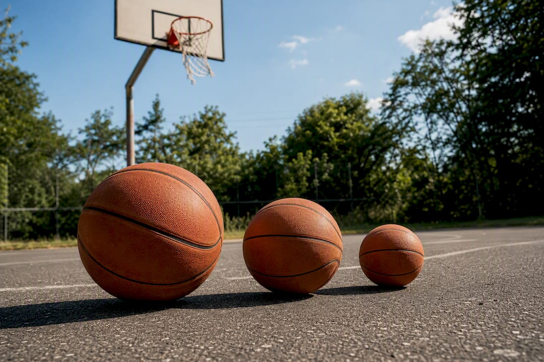 Verschiedene Basketballgrößen auf dem Hallenboden