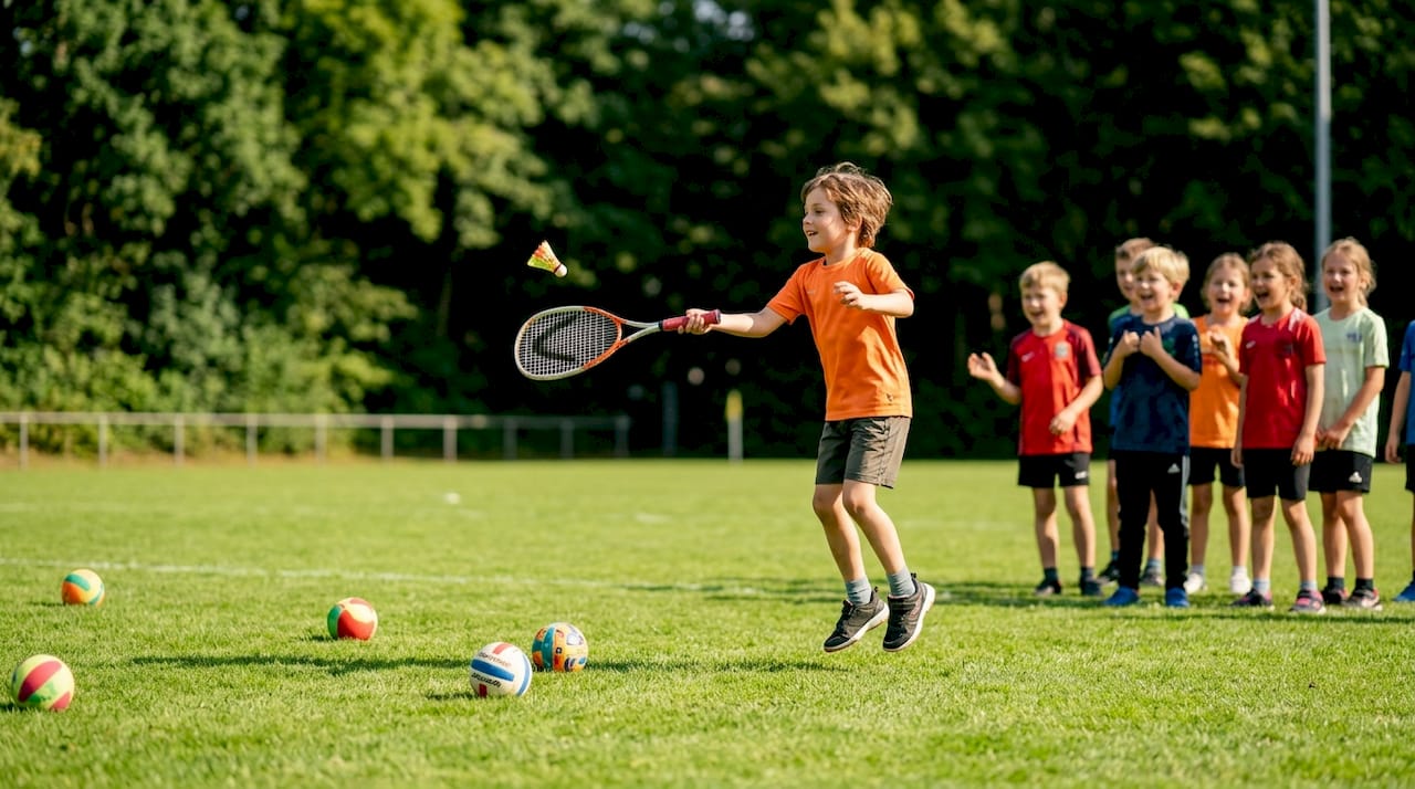 Hand schlägt Speedminton Speeder Ball im Freien