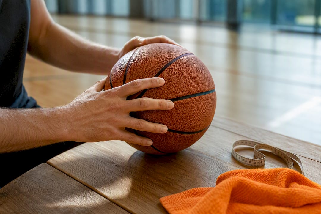 Mit den Händen wird die Griffigkeit sowie das Material des Basketballs überprüft