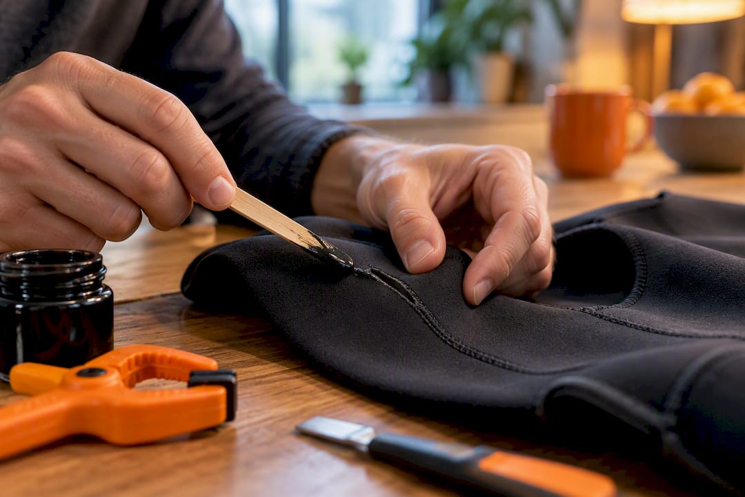 Hände kleben einen kleinen Riss im Neopren