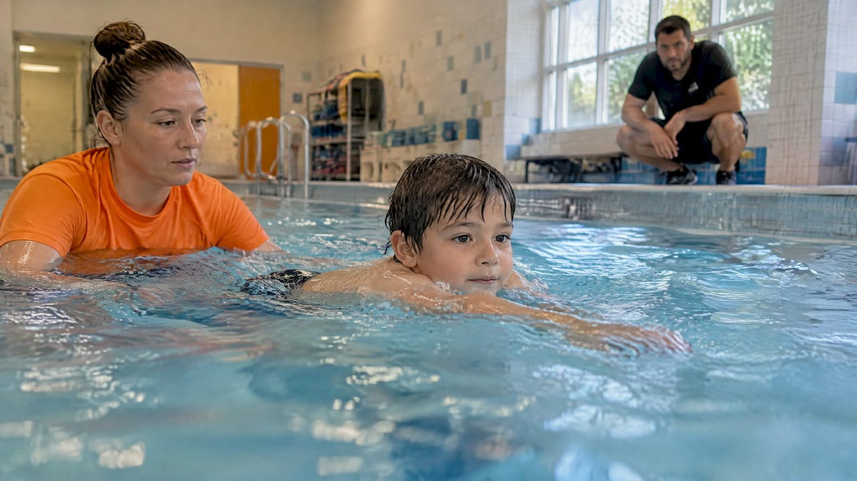 Ein Kind macht einen Schwimmtest im Becken.