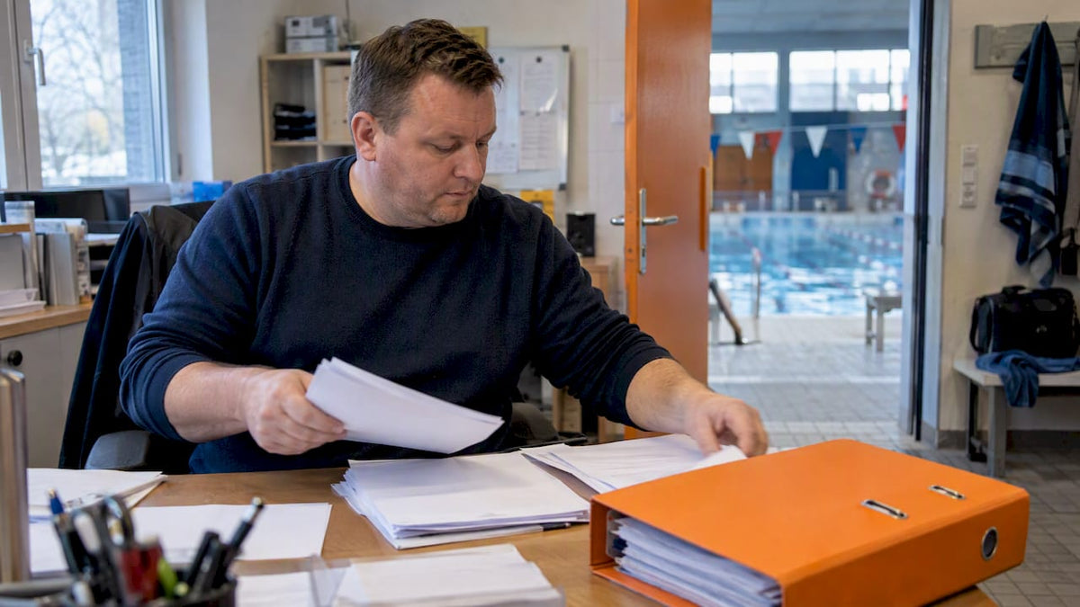 Im Schwimmverein sortiert der Kassenwart die Unterlagen für den Förderantrag.