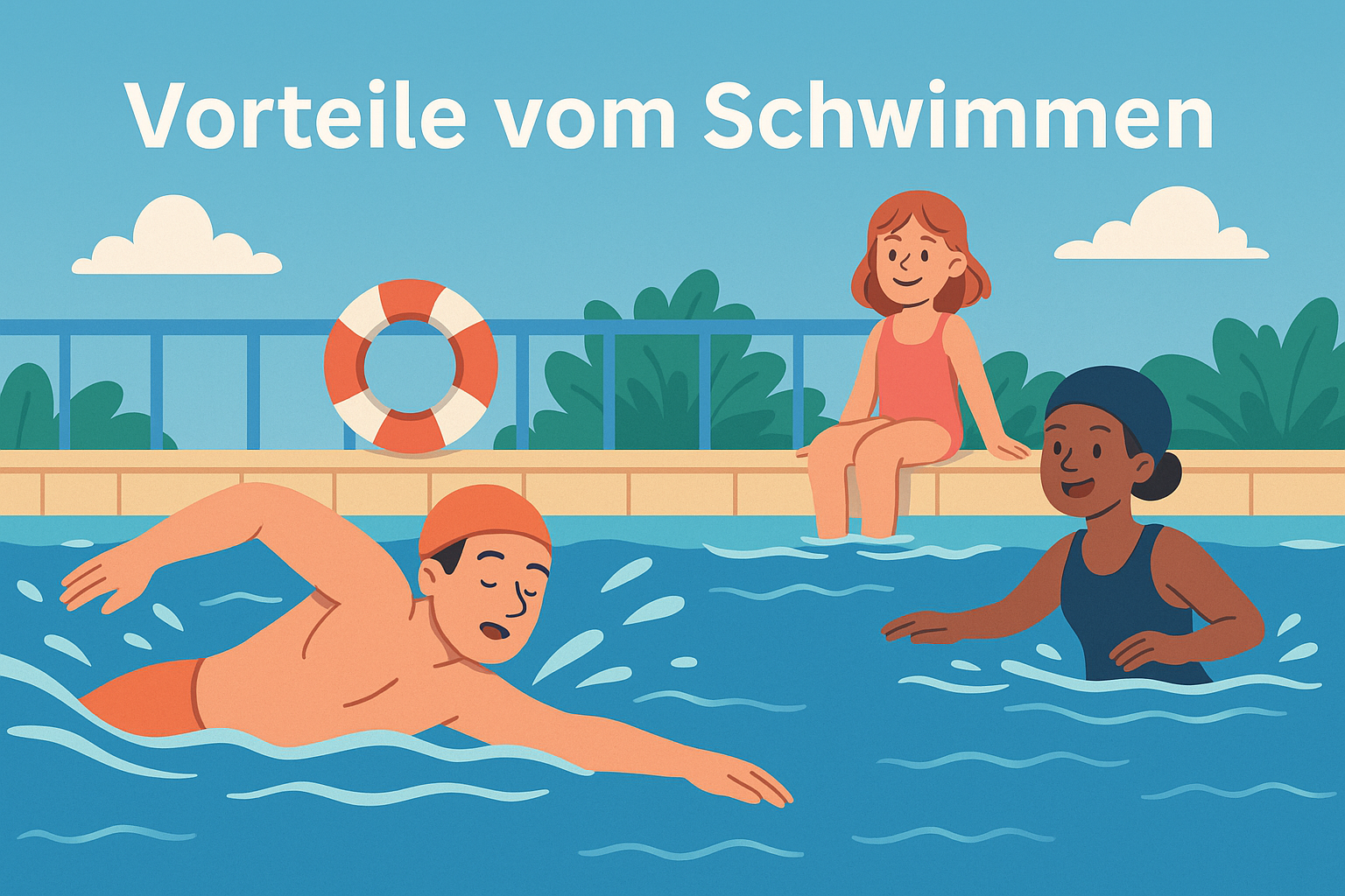 Kinder und Erwachsene beim Schwimmen und Sitzen am Beckenrand im Freibad
