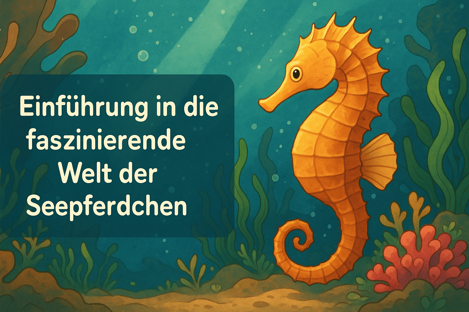 Orangefarbenes Seepferdchen in einer Unterwasserlandschaft