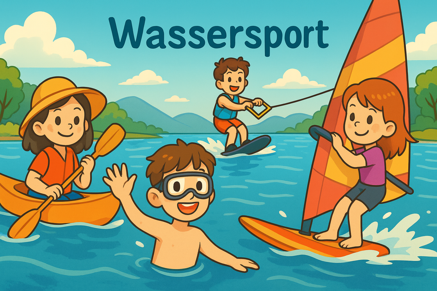 Kinder beim Wassersport auf einem See mit Kajak, Schwimmbrille, Wakeboard und Segelbrett.