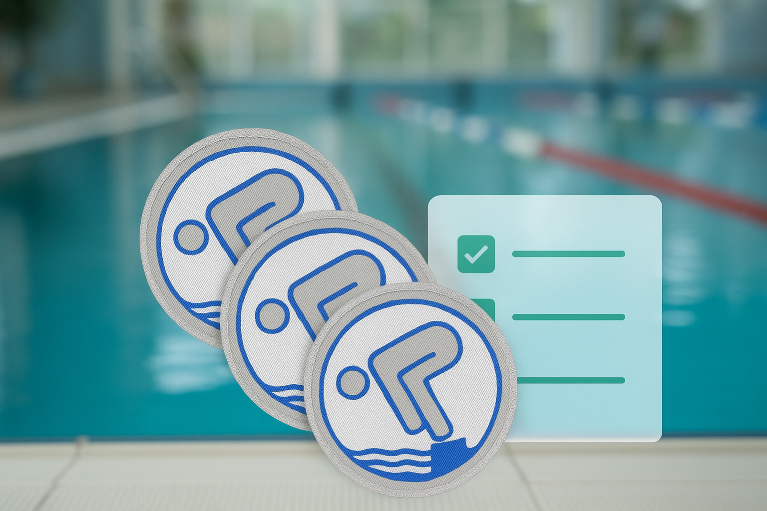 Drei Silber-Schwimmabzeichen liegen aufgereiht am Beckenrand eines Schwimmbads mit unscharfem Hintergrund; daneben ist eine animierte Checkliste mit Haken zu sehen – symbolisch für einen Guide zum Silber Abzeichen.