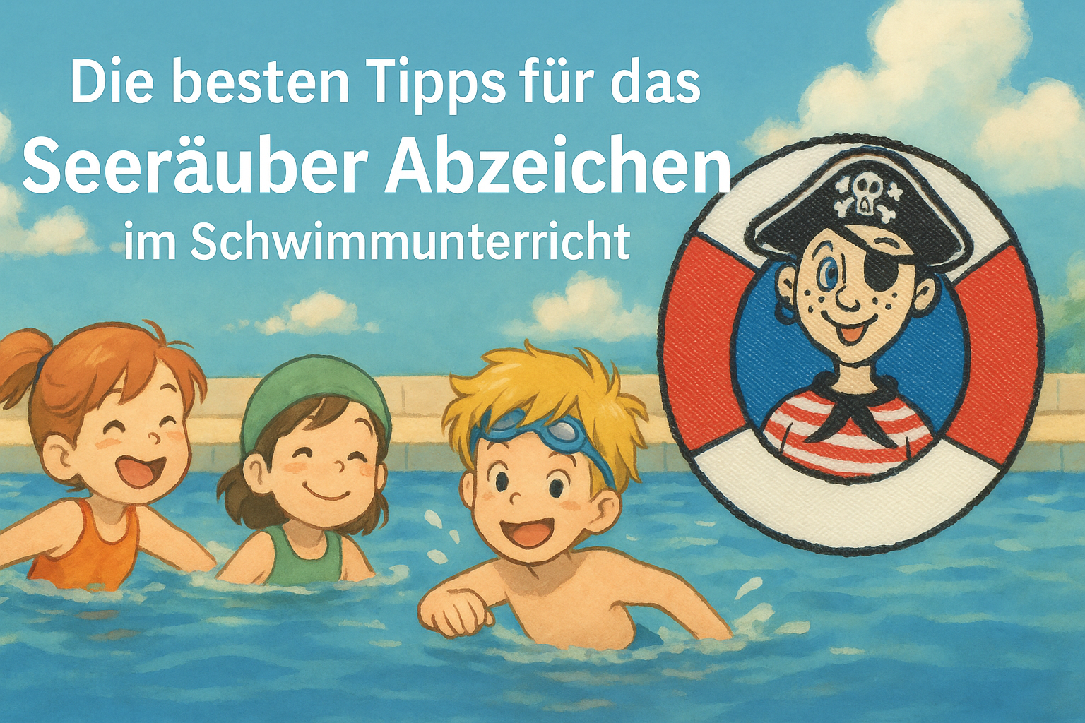 Kinder im Schwimmbecken neben einem Seeräuber-Abzeichen mit Pirat in Rettungsring