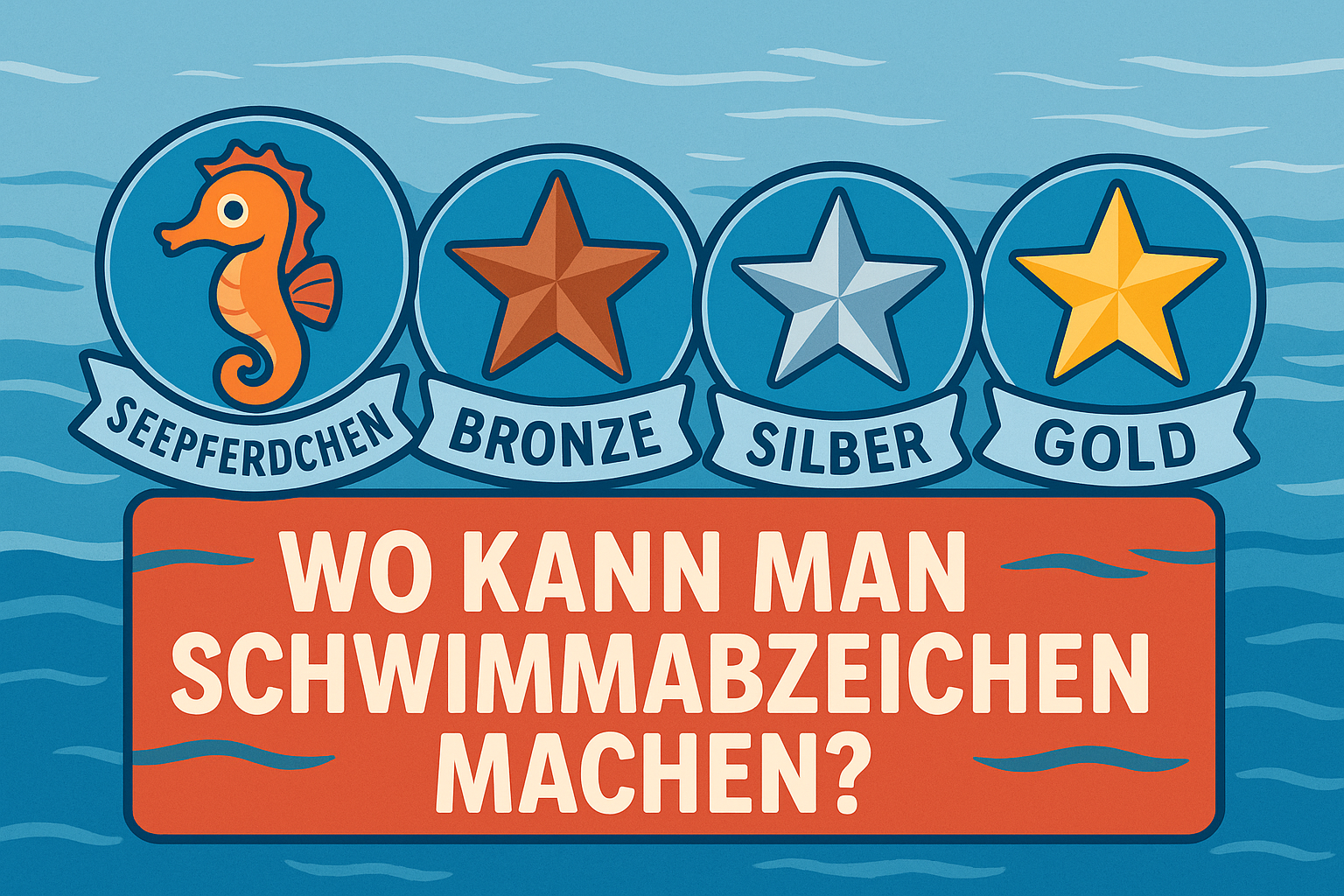 Abzeichen für Seepferdchen, Bronze, Silber und Gold über Schriftzug „Wo kann man Schwimmabzeichen machen?