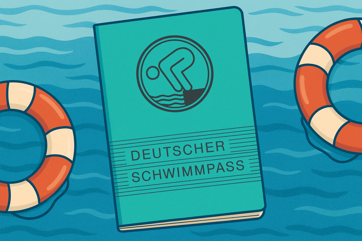 Deutscher Schwimmpass auf Wasseroberfläche zwischen zwei Rettungsringen