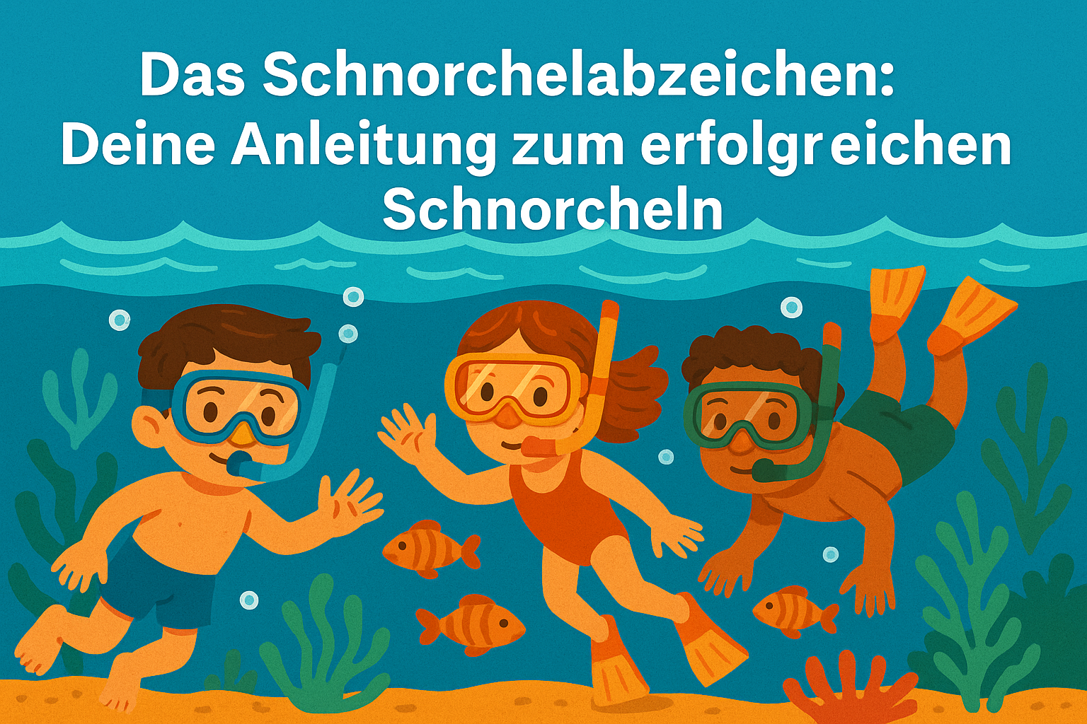Drei Kinder mit Schnorchelausrüstung schwimmen fröhlich unter Wasser zwischen Fischen und Wasserpflanzen