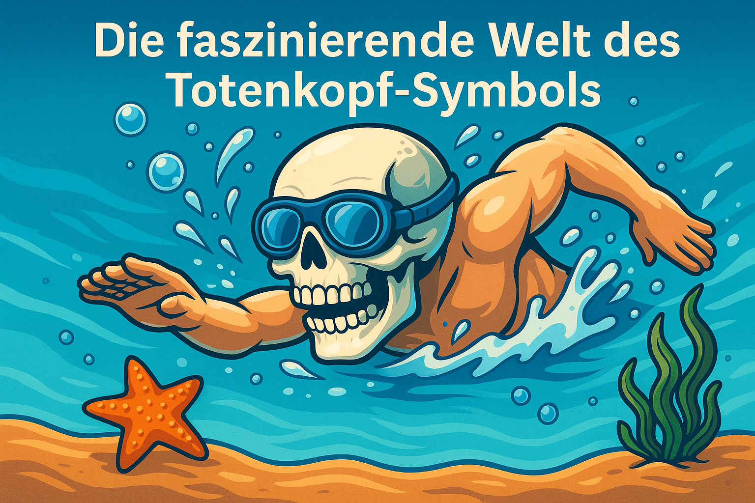 Ein Schwimmer mit einem Totenkopf und einer Brille im Wasser