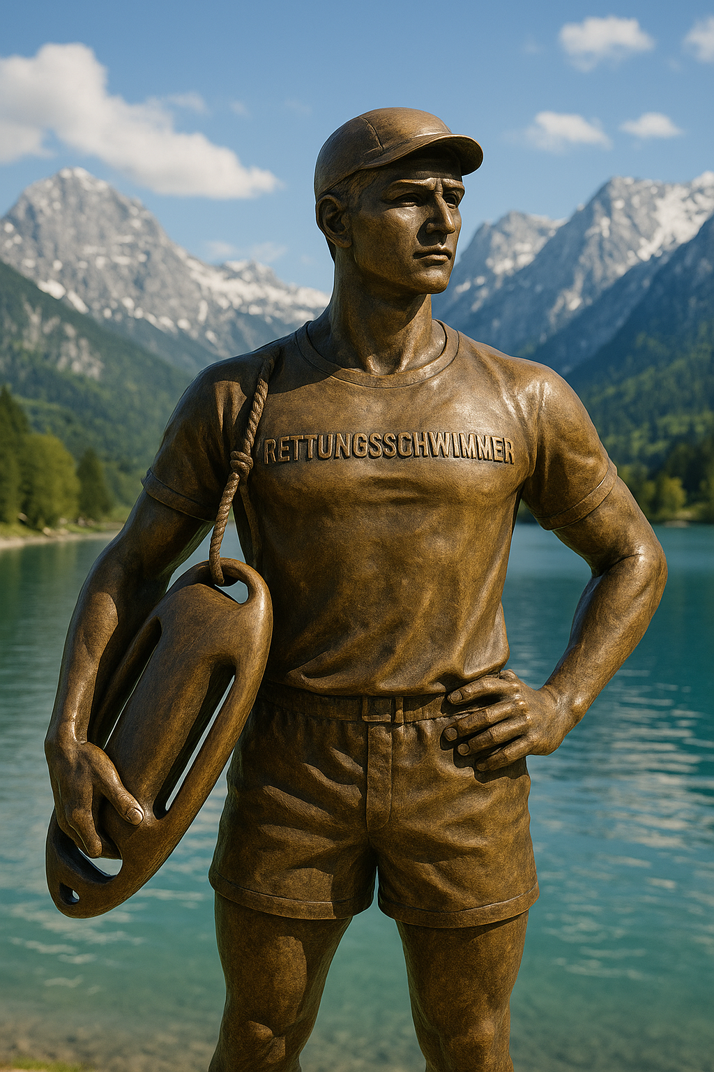 Bronzestatue eines muskulösen Rettungsschwimmers, stehend in einer alpinen Berglandschaft.