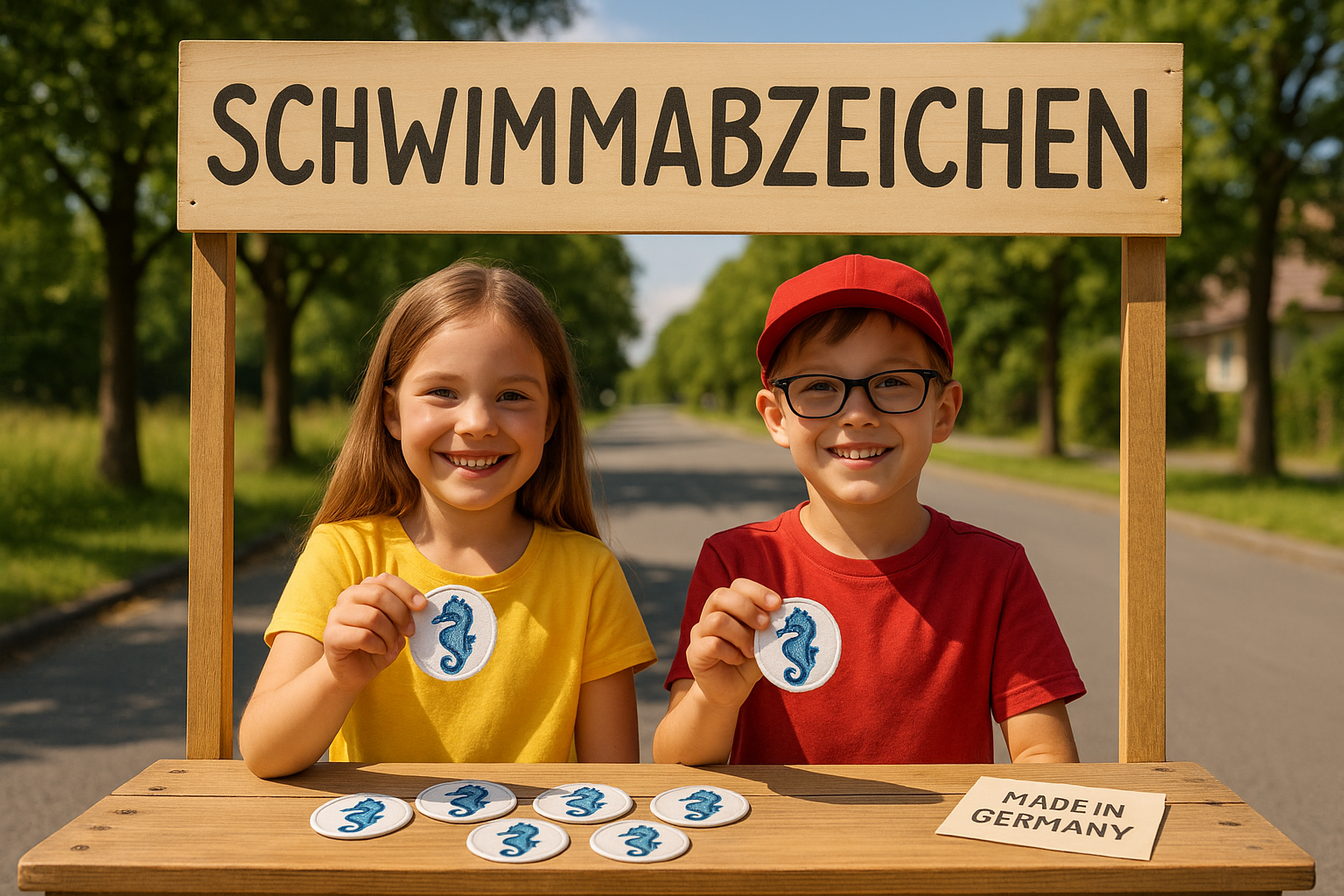 schwimmabzeichen kaufen bei zwei jugendlichen an einem stand
