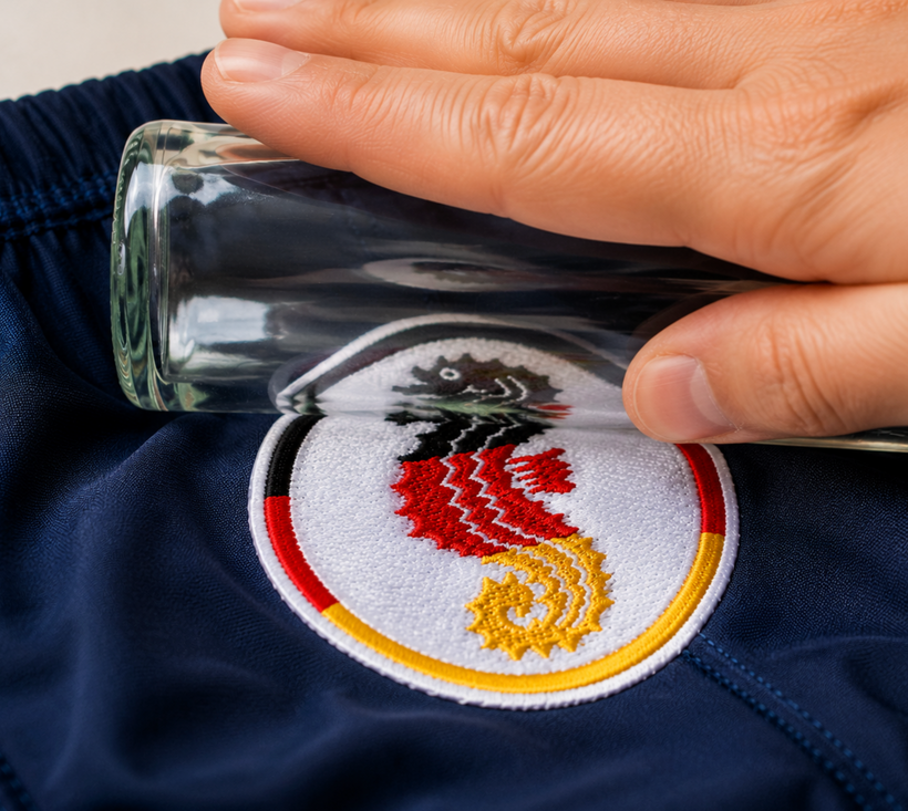 Das Deutschland-Seepferdchen wird mit einem Glas auf den Stoff aufgedrückt – selbsthaftend, ganz ohne Nähen oder Bügeleisen.