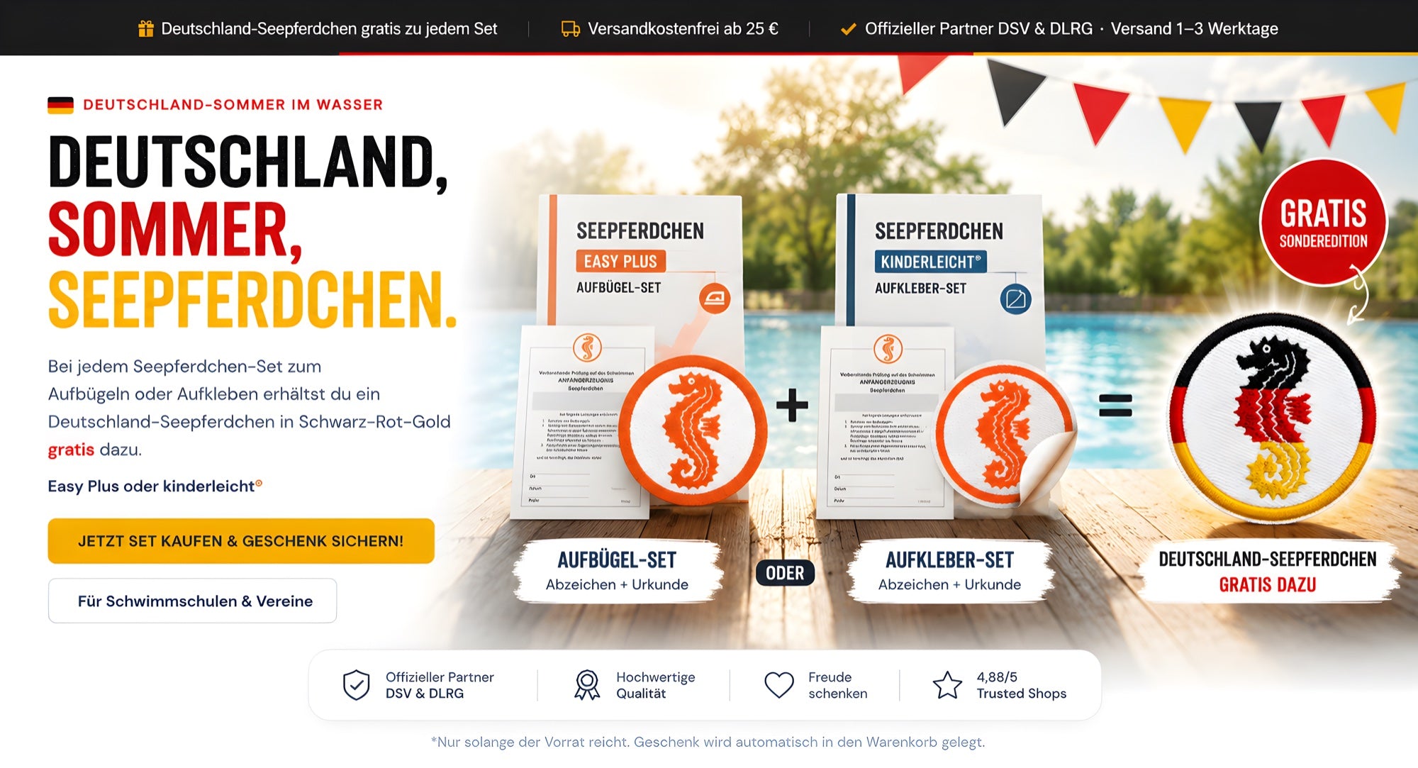 Deutschland-Sommer im Wasser: zu jedem Seepferdchen-Set ein Deutschland-Seepferdchen in Schwarz-Rot-Gold gratis dazu