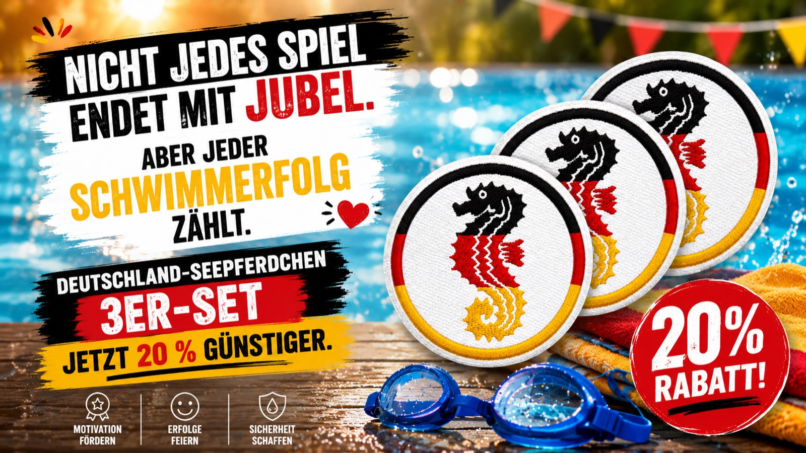 Deutschland-Seepferdchen 3er-Set – nicht jedes Spiel endet mit Jubel, aber jeder Schwimmerfolg zählt. Jetzt 20 % günstiger.