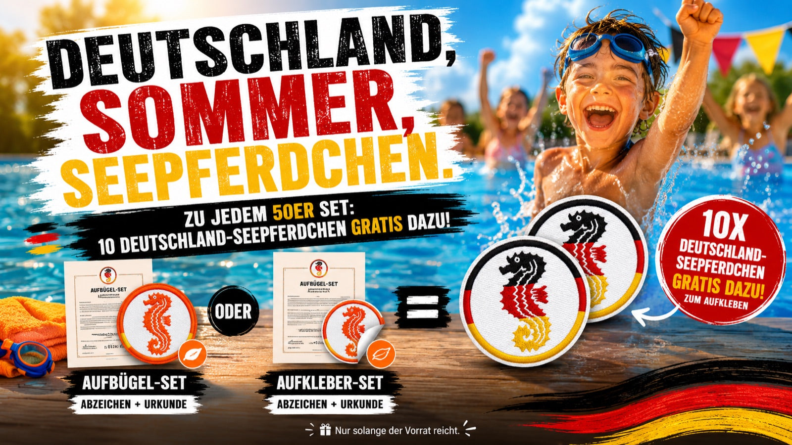 Deutschland, Sommer, Seepferdchen – zu jedem 50er-Set 10 Deutschland-Seepferdchen gratis dazu