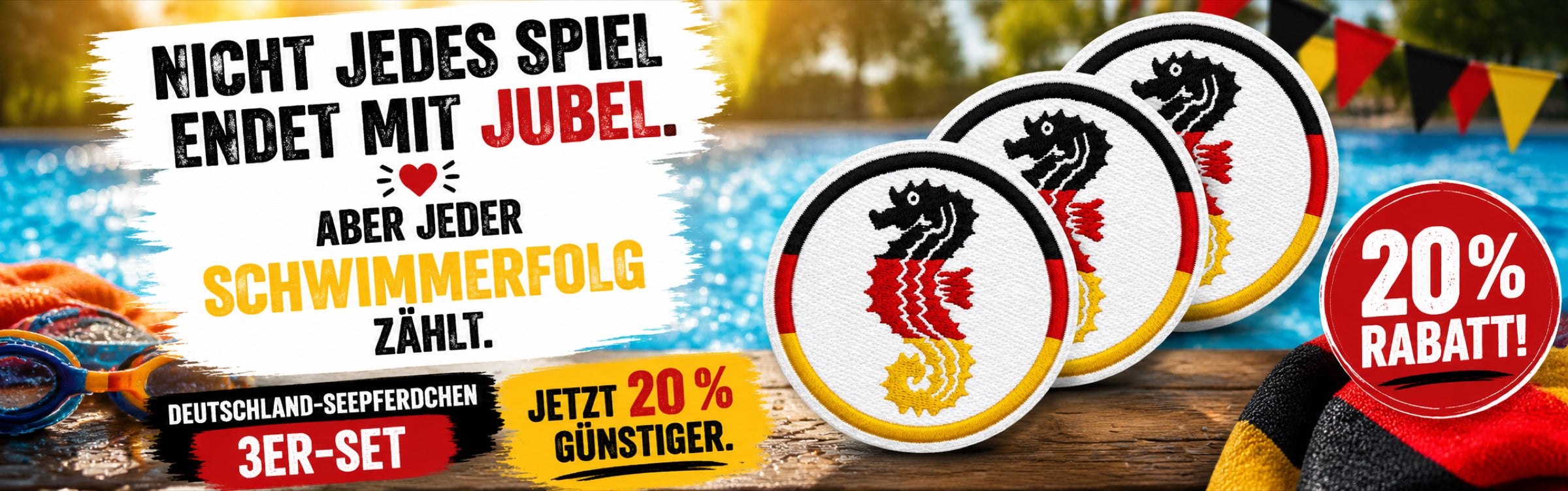Deutschland-Seepferdchen 3er-Set – nicht jedes Spiel endet mit Jubel, aber jeder Schwimmerfolg zählt. Jetzt 20 % günstiger.